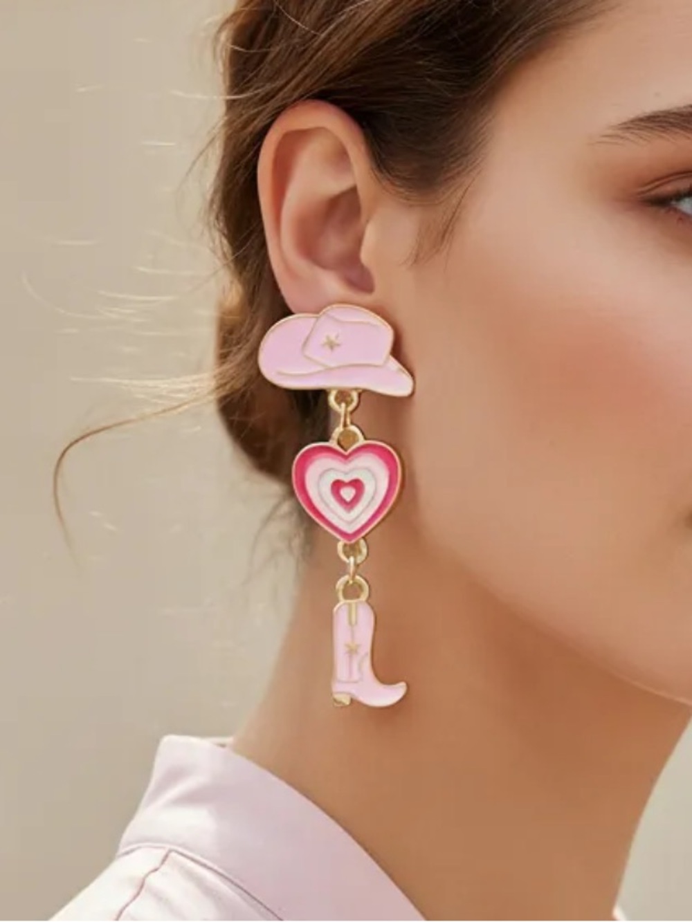 Pink Western Cowgirl Hat Boots Heart Drop Earrings New
